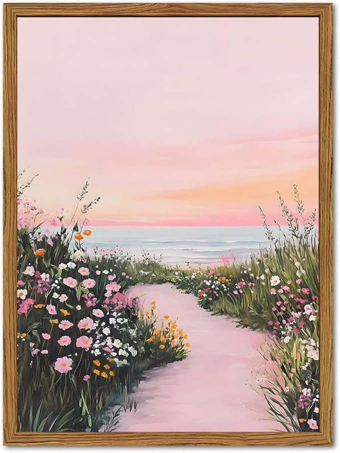 Framed Vintage Landscape Wall Art, Pink Floral Coastal Pictures Wall Decor, Rustic Wildflower Nature Paintings Canvas Prints Home Decor Aesthetic for Living Room Bedroom Bathroom 16x24 inch