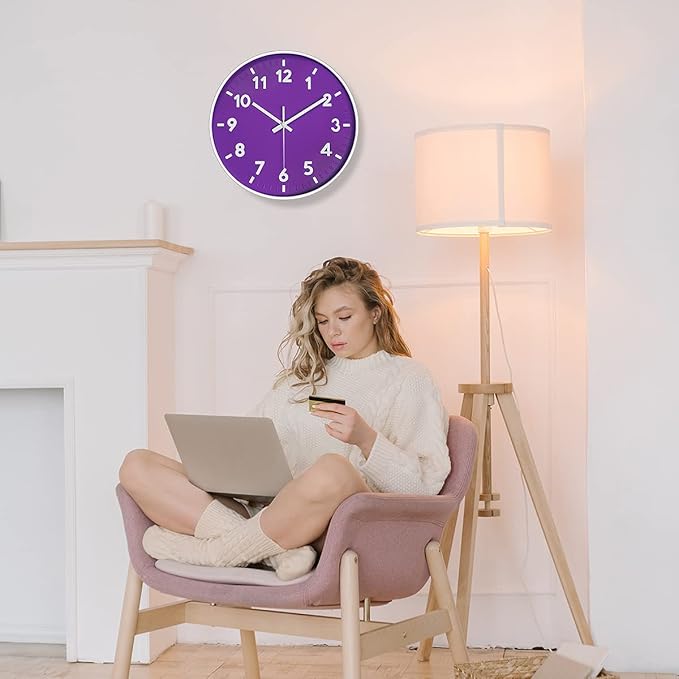 JENLYSTIME 12 Inch Modern Indoor Outdoor Clock,Round Bright Colorful Dial,Non Ticking Silent Quartz Battery Operated Wall Clocks,Easy to Read Simple Style Decor Clock for Bedroom,Kitchen(Purple)