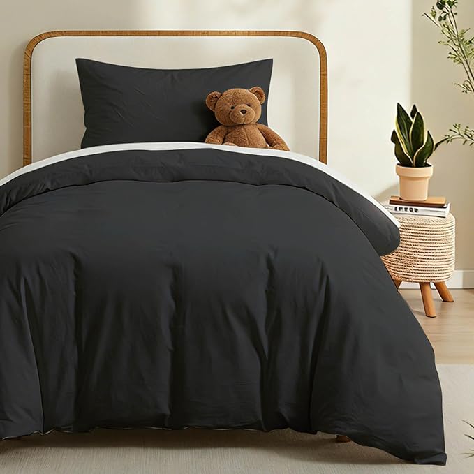 LOVQUE Black Duvet Cover Twin Size, 100% Washed Cotton Linen Like Bedding Set with Zipper Closure (No Comforter), 68x90 Inches