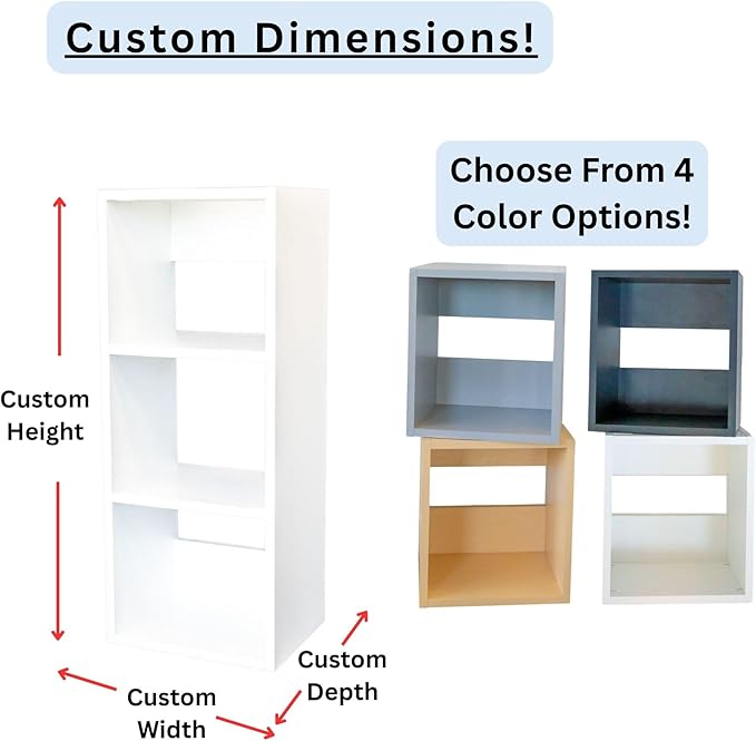 Custom Sized 3-Cube Cubby; Choose color, width, depth, and height. Units are 3/4 inch thick premium grade melamine for strong, solid unit. Easy assembly. Place on the floor or mount on a wall.