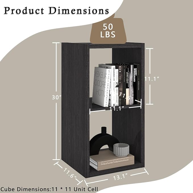 Endearing Limons【2026 Wooden Thick Border 2 Cube Shelf Storage Organizer with Anti-Tipping Kits + Reversible Open Back Bookcase (11 * 11 Unit Cell Chocolate)