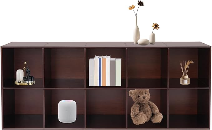 10 Cube Storage Organizer, Solid Wood Bookshelf, Vertical Or Horizontal Bookcase Horizontal Bookshelf, Bookcase for Bedroom, Living Room, Office (Walnut, 10-Cube, 2)