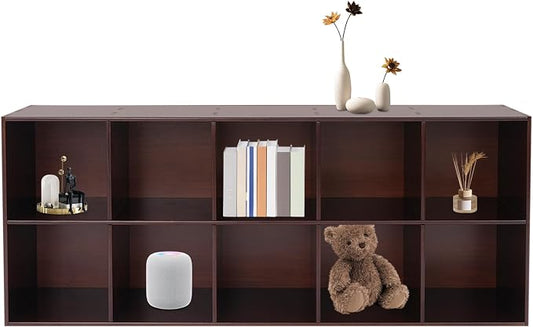10 Cube Storage Organizer, Solid Wood Bookshelf, Vertical Or Horizontal Bookcase Horizontal Bookshelf, Bookcase for Bedroom, Living Room, Office (Walnut, 10-Cube, 2)