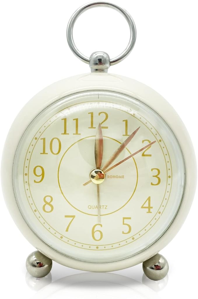Rohome Vintage Small Alarm Clock with Night Light, Beige, Silent Quartz Movement, Non-Ticking, Decorative, for Bedside Table, Desk, Kitchen, Bedroom, Shelf, Nightstand, Wall Hanging (Beige)