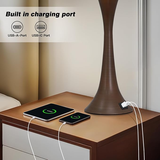 Rinweey 27.5" Table Lamps Set of 2, Touch Bedside Lamps with USB C+A Ports, 3 Way Dimmable Nightstand Lamps for Bedroom, Living Room, Office, Brown Lamp with Beige Lampshade, Bulbs Included