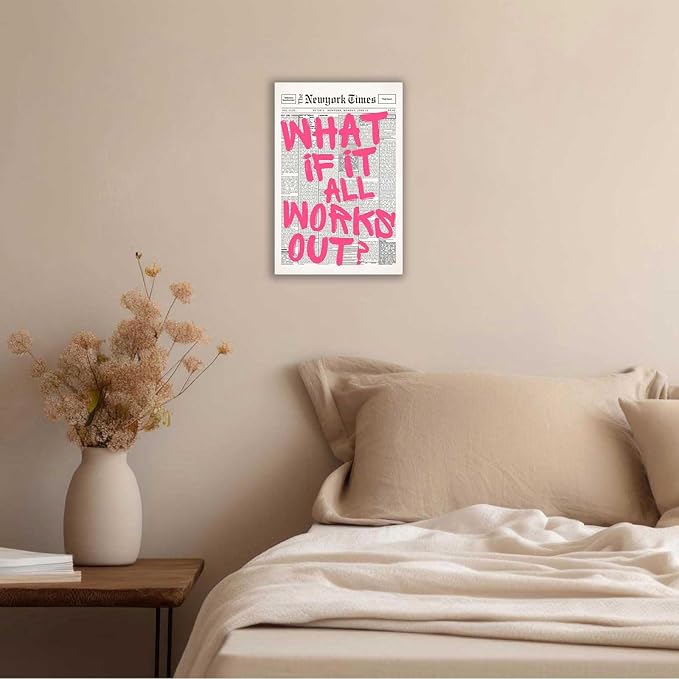 Drimiler Retro Newspaper Pink Font Poster What If It All Works Out Canvas Wall Art Positive Affirming Quote Minimalist Prints Painting For Home Bedroom Dorm Wall Decor 24x36in Wframed