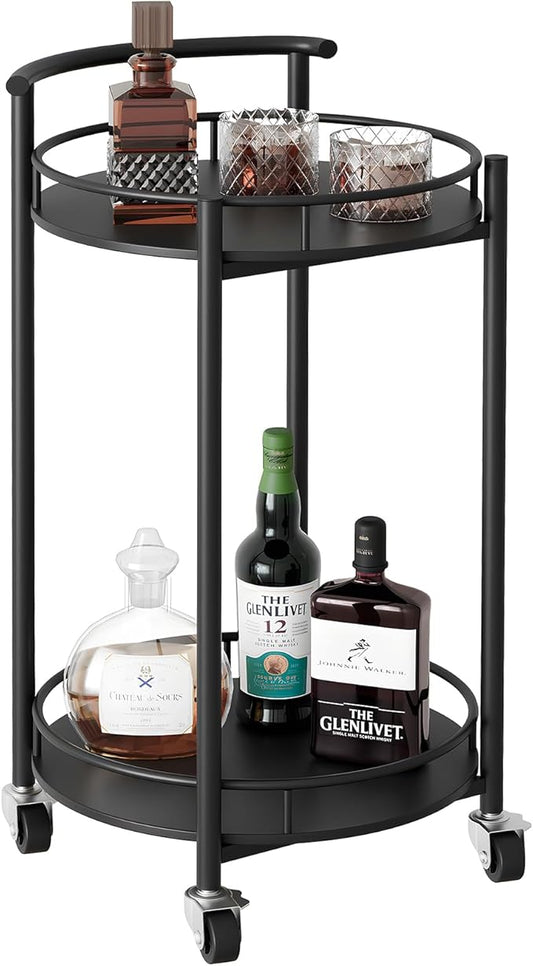Bar Cart Black Rolling Cart for Home,2 Tiers Bar Serving Cart Round Wine Cart with Handle, Metal Wine Rack and Casters, Serving Bar Trolley for Home Kitchen,Living Room,Christmas,New Year