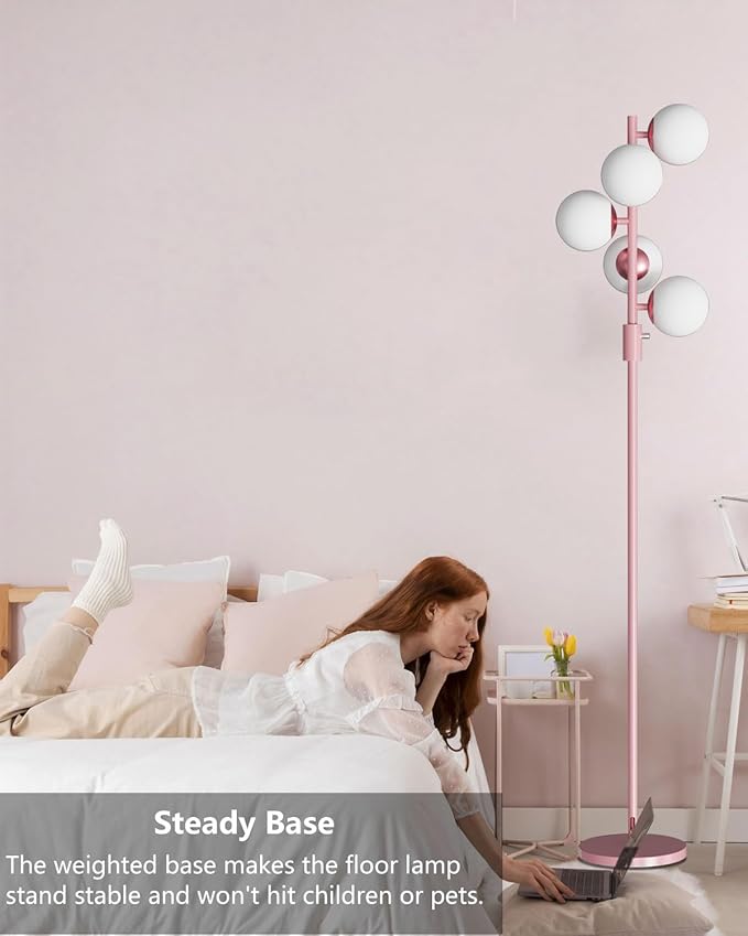 Lightdot Dimmable (Brightness Adjustable) Globe Floor Lamp, Retro Pink Pole Standing Lamps with 5PCS Bulbs Included, Mid Century Modern Floor Lamp for Living Room/Bedroom/Sofa Beside/Corner Decor