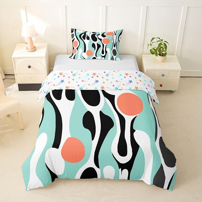Mid Century Modern Abstract Duvet Cover Set Vintage Geometric Twin Bedding Sets for Girls Preteen Boys Contemporary Organic Shapes Comforter Cover Squiggle Blob Bed Set,Teal Coral Salmon Pink