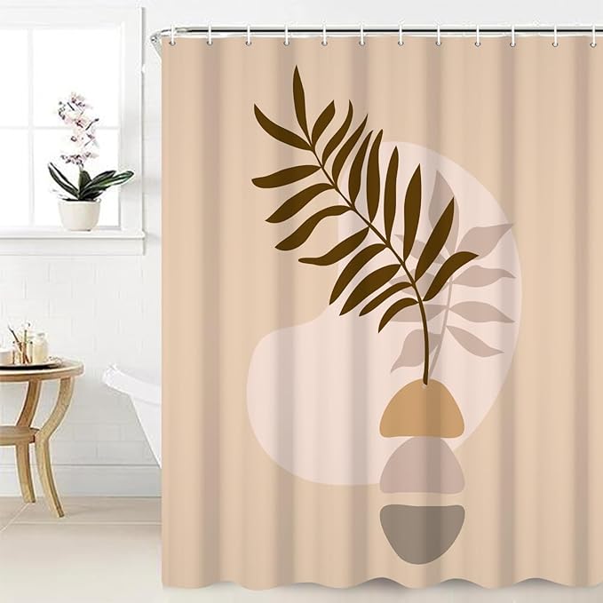 Abstract Bohemian Bathroom Shower Curtain - Eucalyptus Leaves Boho Beige With Hooks, Waterproof Fabric Polyester for Modern Aesthetics Home Decorative, 72x96 Inch