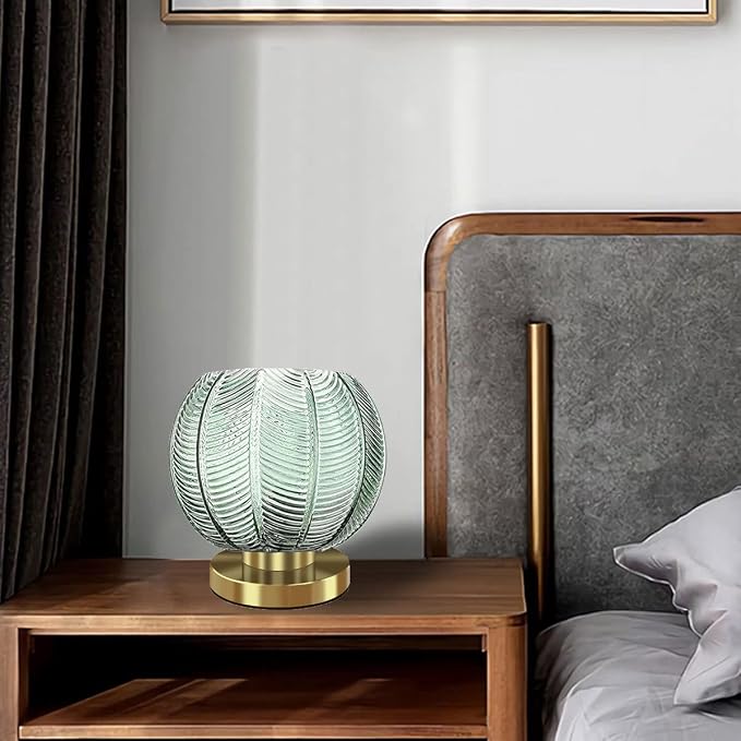 Gold Desk lamp Bedside Table Lamps Green Ribbed Glass Shade mid Century Modern lamp Globe Table lamp nightstand lamp Small Table lamp for Bedroom Living Room Office