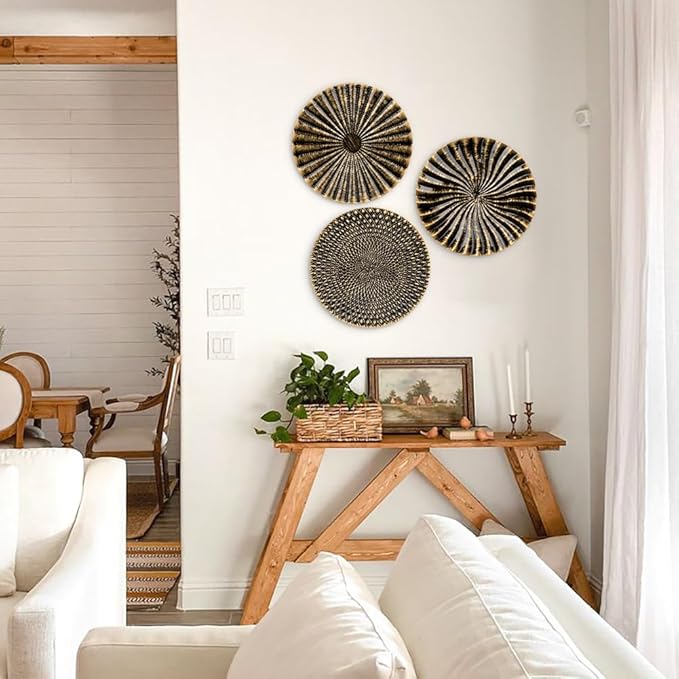 Briful 12" Wall Décor Pack of 3 Metal Gold & Black Washed Starbursts Radial Plate Wall Art Modern Accent Hanging Wall Decorations For Home Office Bedroom Or Living Room Wall Sculptures