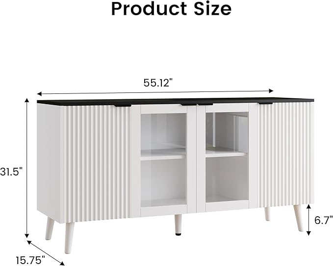 JASIWAY Buffet Cabinet with Storage 55" Fluted Sideboard with Glass Door Modern Coffee Bar Table Accent Credenza Cabinet for Dining Room, Kitchen, Living Room, Hallway, White and Black