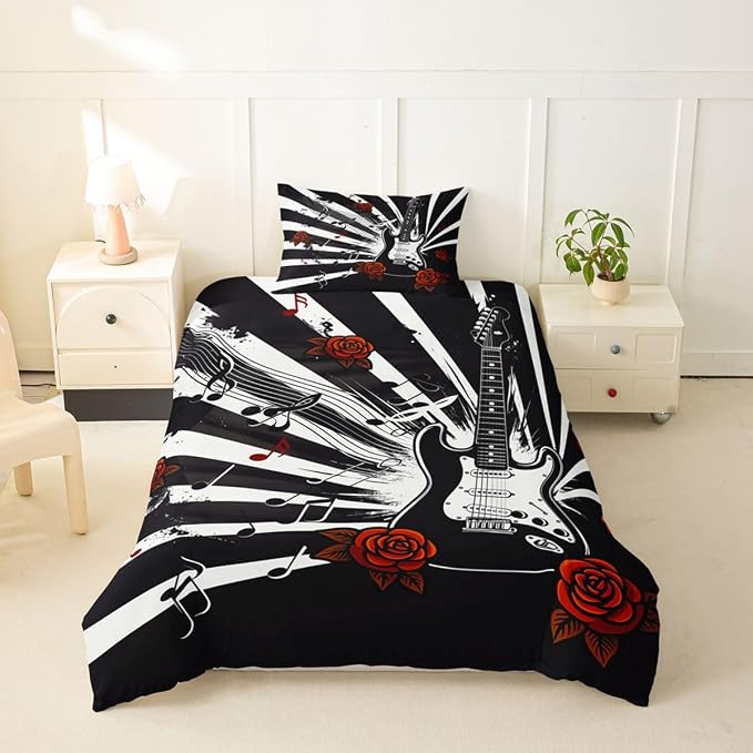 Erosebridal Guitar Comforter Cover Twin Rock Roll Vintage Room Decor Bedding Set Abstract Striped Musical Notes Duvet Cover,Rose Floral Punk Music Bed Set