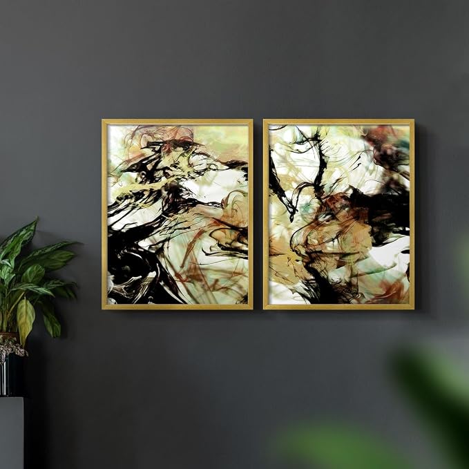 Renditions Gallery Set of 2 Peel & Stick Framed Prints, Abstract Wall Art, Vaping Smoke Design Wall Decor, Re-Stickable - Ready to Hang - 11"x14" - GOLD Frame LT588