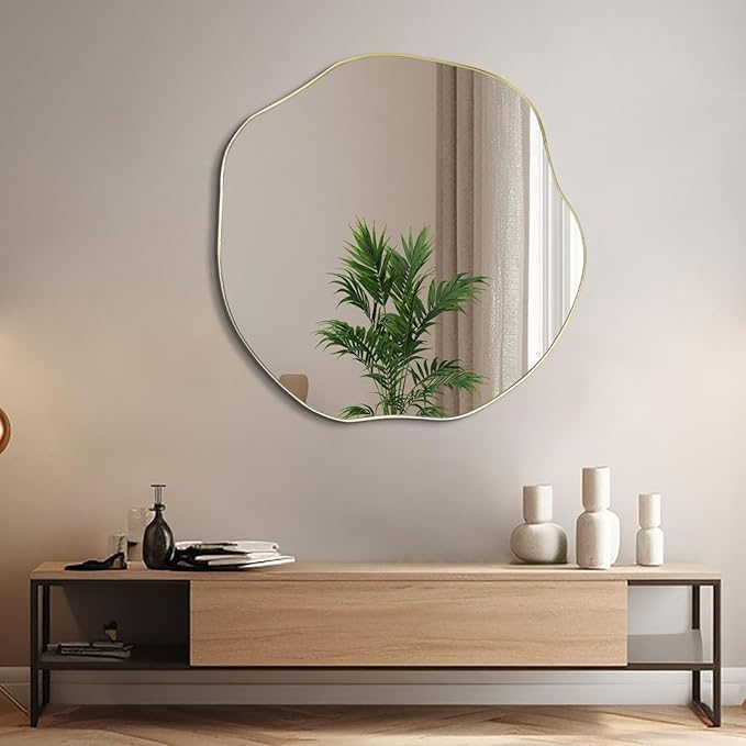 POZINO Irregular Wall Mirror, 35" Large Asymmetrical Mirrors, Gold Scalloped Rounded Mirror, Modern Frameless Abstract Circle Mirrors for Living Room Bedroom Bathroom Entryway Hallway Fireplace