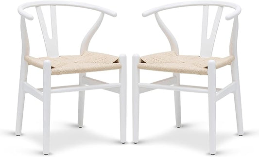 Poly & BARK Weave Dining Chairs – Mid-Century Modern Wishbone Dining Chairs with Arms, Solid Wood Frame, Indoor Use – White – Set of 2 - Ideal for Dining Room, Kitchen or Stylish Accent Setting
