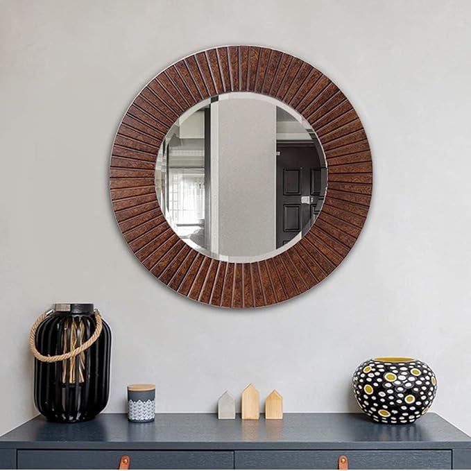 Chende 36'' Circle Mirror with Wood Frame, Large Decorative Mirror for Living Room, Farmhouse Bathroom Mirrors with Bronze Groove Finish for Entryway, Bedroom