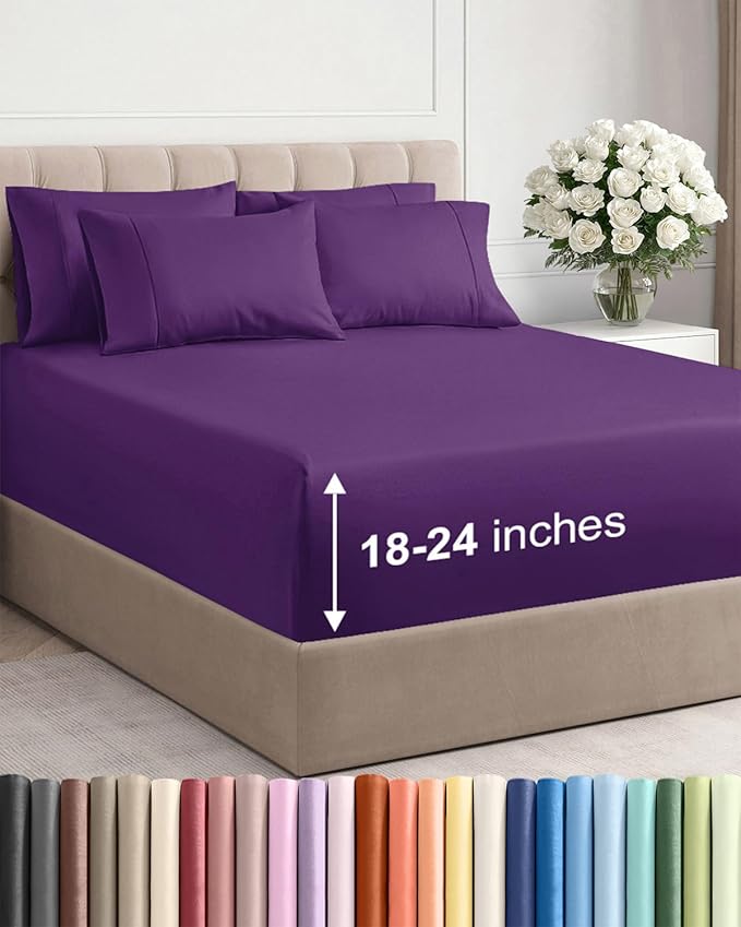 Extra Deep Cal King Sheet Set - 6 Piece Breathable and Cooling Sheets - Hotel Luxury Bedding for Women, Men, Kids & Teens - Easy & Secure Fit - Soft, Wrinkle Free & Comfy - Extra Deep Pockets - Purple