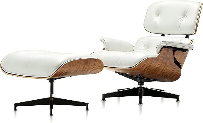 Mid Century Chaise Lounge Chair with Ottoman, Top Black Grain Leather, Modern Office Chair Classic Design, Heavy Duty Base Support for Living Room Study Lounge Office