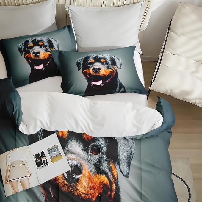 Comforter Set with 2 Pillowcases King Size, Cute Happy Grey Rottweiler Dog, Bed Decor Black Arctic Animal for Kids and Adults, Soft Cozy Bedroom Bedding Set