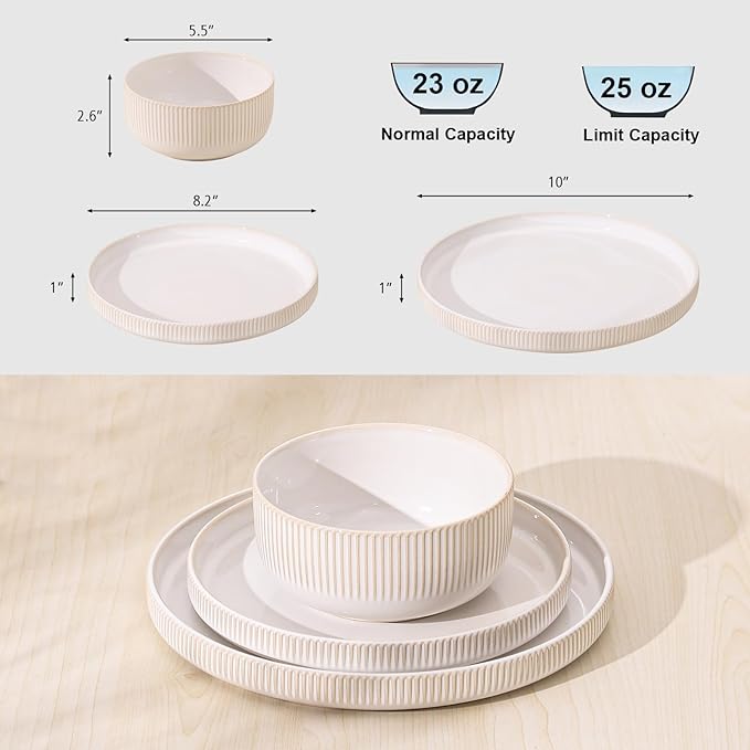 Frewinky Stoneware Dinnerware Sets for 4,12 Piece Kitchen Plates and Bowls Set,Reactive Glaze Porcelain Dinnerware Sets Scratch Resistant,Dishwasher and Microwave Safe,Vintage White