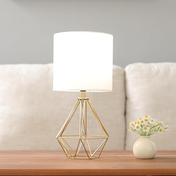 Gold Modern Small Table Lamp for Bedroom & Living Room - Geometric Metal Base, White Fabric Shade, Ideal for Bedside & Kids' Desk, Nightstand Lamp