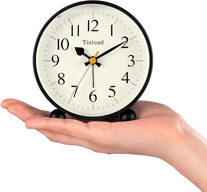 Tinload 4.5" Vintage Retro Analog Alarm Clock, Super Silent Non Ticking Small Clock with Manual Light, Snooze, Battery Operated, for Living Room, Bedroom, Bedside, Desk(Black)