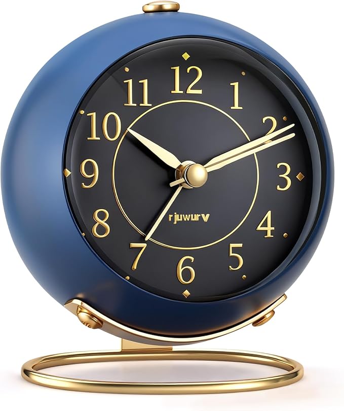 rjuwurv Metal Desk Alarm Clock, Retro Bedroom Table Vintage Analog Silent Non-Ticking Gold Alarm Clock, Bedside Decor(Navy Blue)