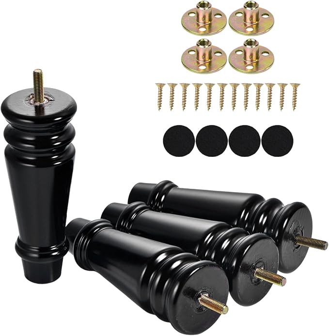 Maricome Furniture Legs 6 inch Set of 4 Pre-drilled M8 Bolt Wooden Replacement Bun Feet for Ottoman Chair Cabinet Dresser Black Screw in