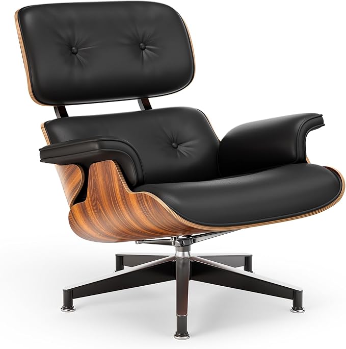 Top Black PU Leather, Mid Century Chaise Lounge Chair and Ottoman, Modern Chair Classic Design, Palisander Wood, Heavy Duty Base Support for Living Room Office