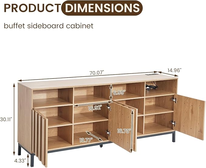 COCO DESIGN 70" Buffet Sideboard Cabinet with Fluted Panel Doors, Large Credenza Console with Power Outlet & Adjustable Shelves, Modern Storage Cabinet for Kitchen & Living Room, Oak