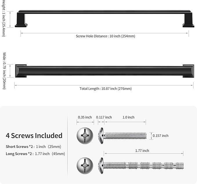 Lardmon 10 Pack 10 Inch(254mm) Hole Center Matte Black Modern Cabinet Pulls Kitchen Cabinet Handles Kitchen Cabinet Hardware Timeless Drawer Pulls for Dresser Cupboard Wardrobe, M-Black(10x10)