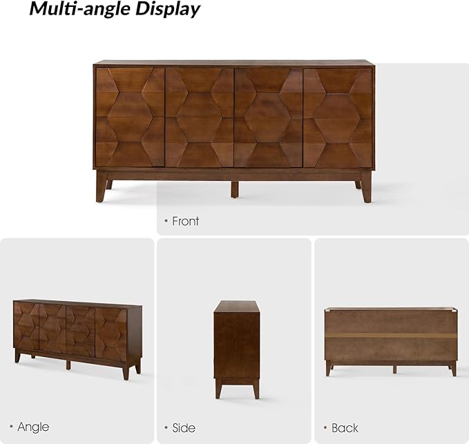 HULALA HOME Mid Century Sideboard Buffet Cabinet with Solid Wood Legs, 60" Kitchen Storage Cabinet Credenza with 4 Doors and 2 Shelves, Accent Console Table, Walnut