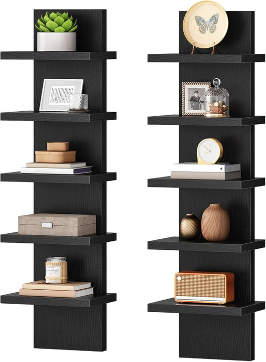 HOOBRO 5 Tier Wall Shelf Unit, 2 Pack Floating Shelves Wall Mounted, Wall Mount Vertical Shelving, Floating Storage Rack, Organizer Tall Tower Design for Livingroom, Bedroom, Kitchen, Black BB18BJP201