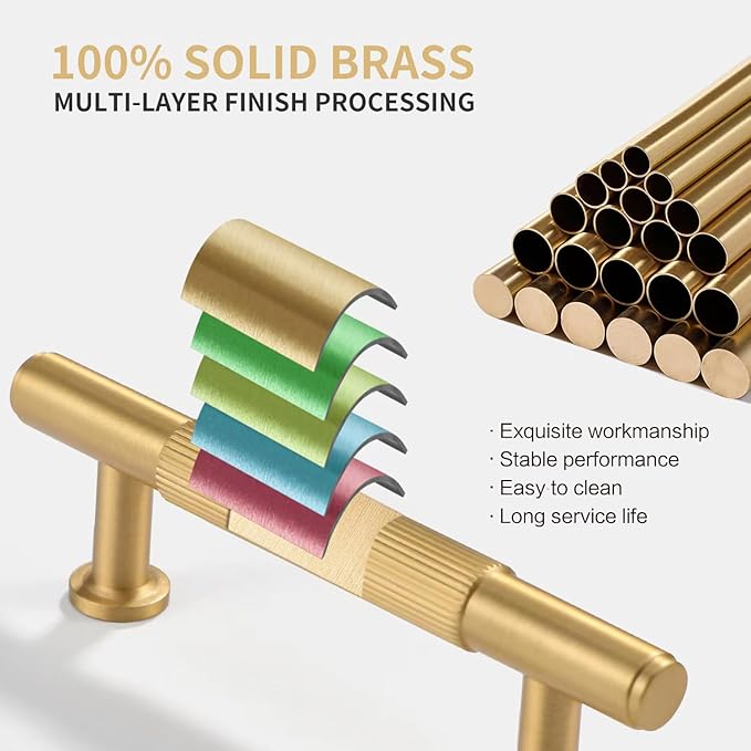 SALISENG-5 Pack Gold Kitchen Cabinet Handles, Brushed Brass Dresser Drawer Pulls, 3 Inches Furniture Door Handles for Cupboard Bedroom Wardrobe (Arina)
