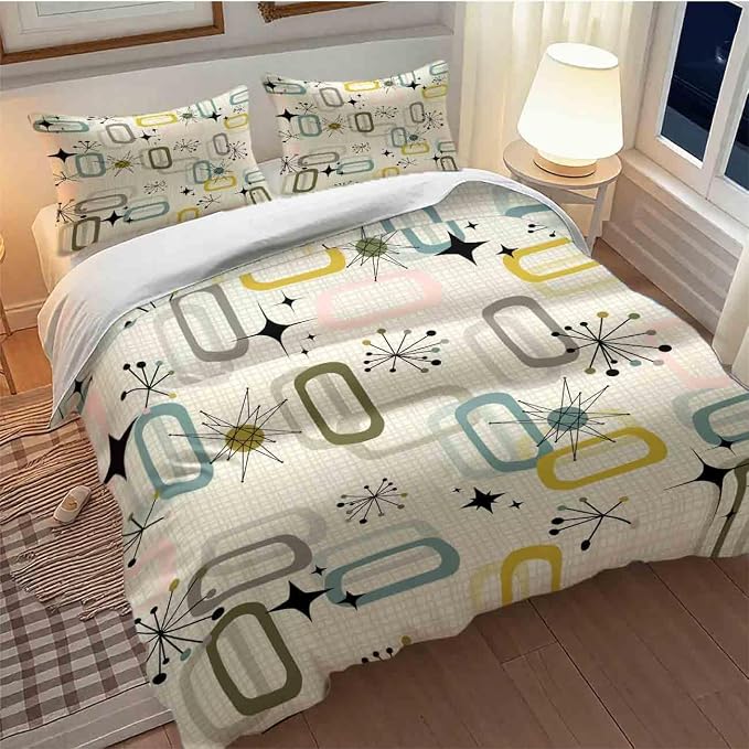 Modern Geometric Bedding Set,Retro Mid Century Colorful Diamond Abstract Geometric Vintage 60s 70s Pattern Comforter Set with Pillowcase for Bedroom Bed Decor,Full 79"x90"