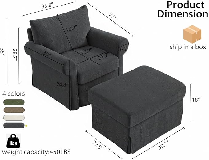 35.8" Chenille Accent Chair with Ottoman Set, Comfy Upholstered Armchair with Rolled Arms, Modern Single Reading Chair for Living Room, Bedroom, Apartment, Grey