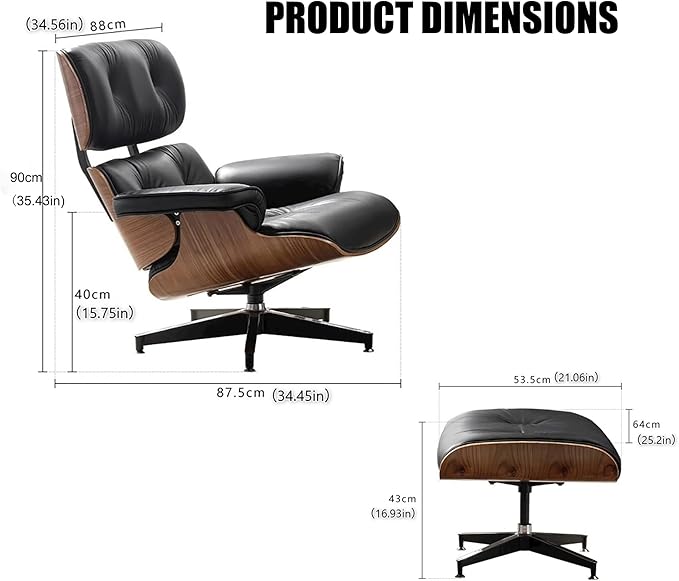 Mid Century Chaise Lounge Chair with Ottoman, Modern Retro Classic Design, PU Leather & Walnut Wood, Heavy Duty Metal Support, Comfortable for Living Room Bedroom Office（Black-Premium）
