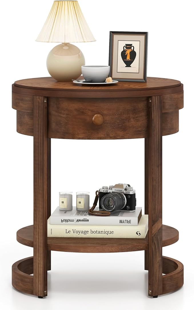 GOFLAME Round Side Table with Drawer, Retro 2-Tier Nightstand with Shelf & Wood Grains, Vintage Wooden Accent Table, Mid-Century Modern End Tables for Living Room, Bedroom, Walnut