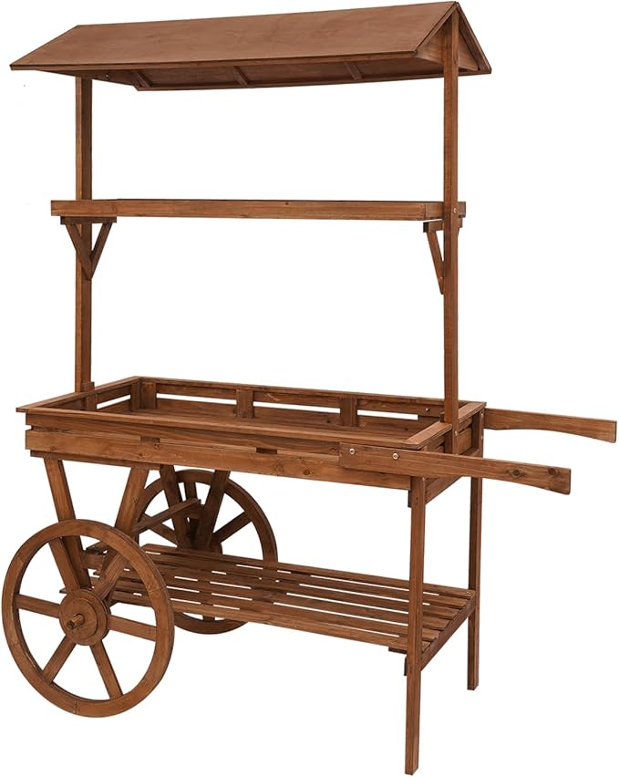 3-Tier Retro Flower Display Cart, Rolling Plant Stand Cart 55lbs Capacity, Wooden Tiered Shelf with Wheels for Indoor Plants, Flowers, Home Decor (Brown)