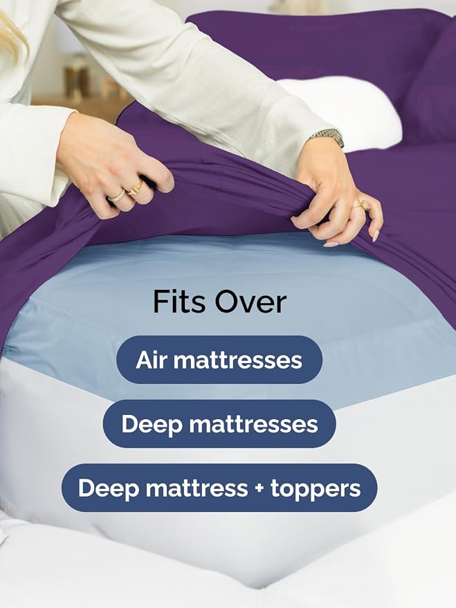 Extra Deep Split King Sheet Set - 7 Piece Breathable and Cooling Sheets - Hotel Luxury Bedding for Women, Men, Kids & Teens - Easy & Secure Fit - Soft and Wrinkle Free - Extra Deep Pockets - Purple