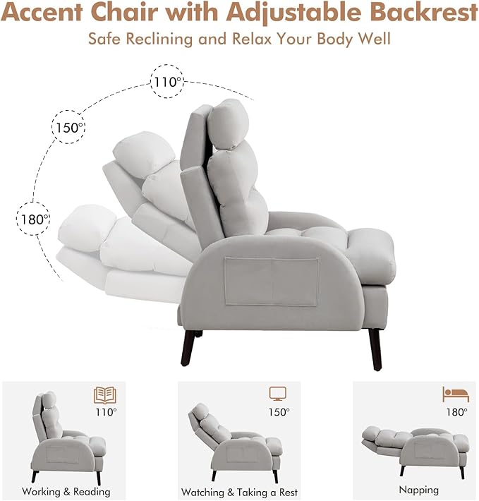 HCHAIRH Accent Chair with Ottoman, Comfy Reading Chair with Ottoman Set, Modern Oversized Velvet Lounge Armchair with Adjustable Backrest for Living Room Bedroom (Grey)