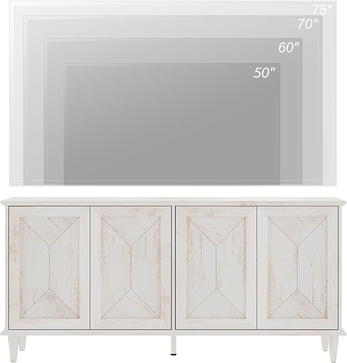 WAMPAT 65-inch Handcrafted Patchwork Decorative Buffet Cabinet with Pop-Up Design Doors,Full Unit Modern Farmhouse Accent Credenza for Coffee Bar, Kitchen, and Living Room, Pale Oak