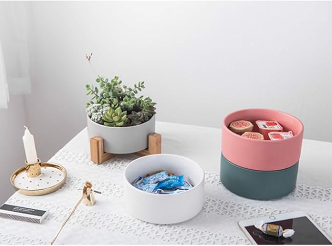 MINGZHE Ceramic Outdoor Planters,Flower Pot with Wooden Stand Indoor Display Rack Succulents Pots Round Planters for Indoor Plants(#2)