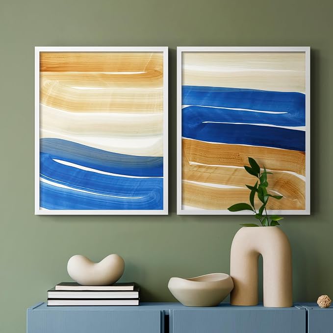 Renditions Gallery Set of 2 Peel & Stick Framed Prints, Abstract Wall Art, Blue and Gold Wave Textured Background Wall Decor, Re-Stickable - Ready to Hang - 22"x28" - White Frame LT588