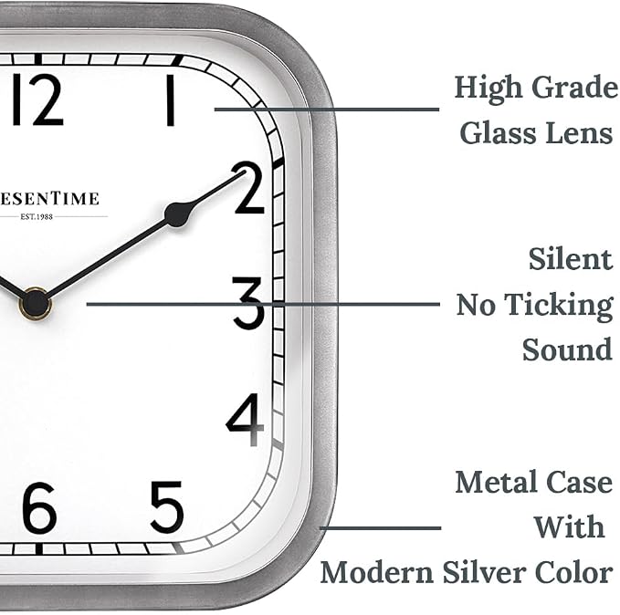 Presentime & Co 10" Anton Vintage Square Clock, Silent No Ticking, Wall & Mantel 2 in 1, Desk and Shelf Clock, Tabletop Décor, Modern Silver Color