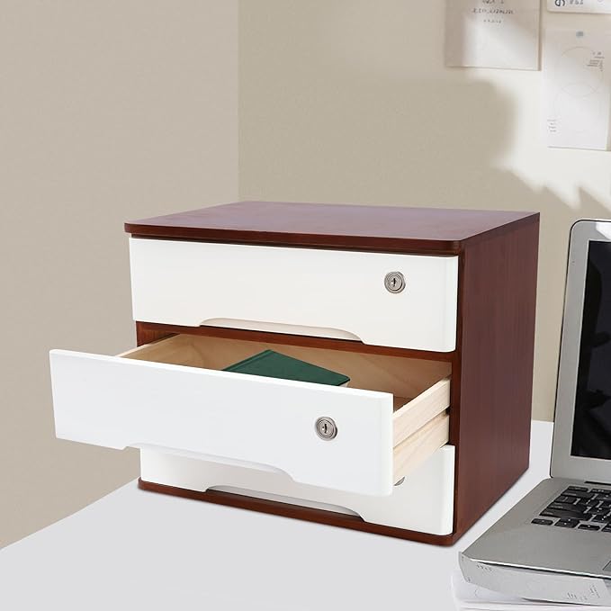Desktop File Organizer with Lock, 2/3/4 Tier Multi-Drawer Wooden Storage Cabinet, Office Supply Organizer for Home Desk, Study & Workplace (Wine Red + White, 3 Layers)