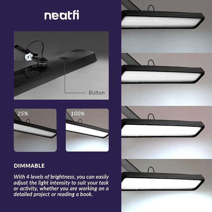 Neatfi Task Lamp – 2,500 Lumens, 30W, 22-Inch Wide Shade, 4 Brightness Levels, Eye-Caring Light, Clamp Mount, LED Task Light for Manicure Table, Crafts, Workbench, Office (Non-CCT, Black)