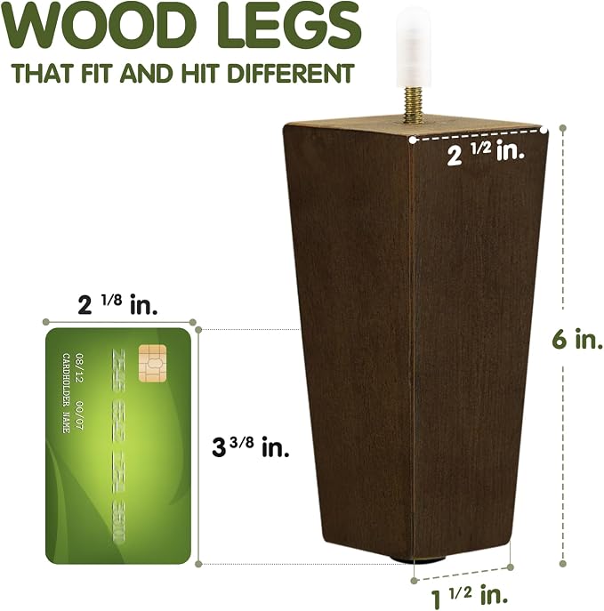 Yes4All 6 Inches Square Wood Furniture Legs Set of 4 - Wooden Replacement Feet for Couch, Bed, Bench - Adjustable Sofa, Ottomans Tapered Leg with Leveler - Brown Rubber Wood Parts for Table, Chair